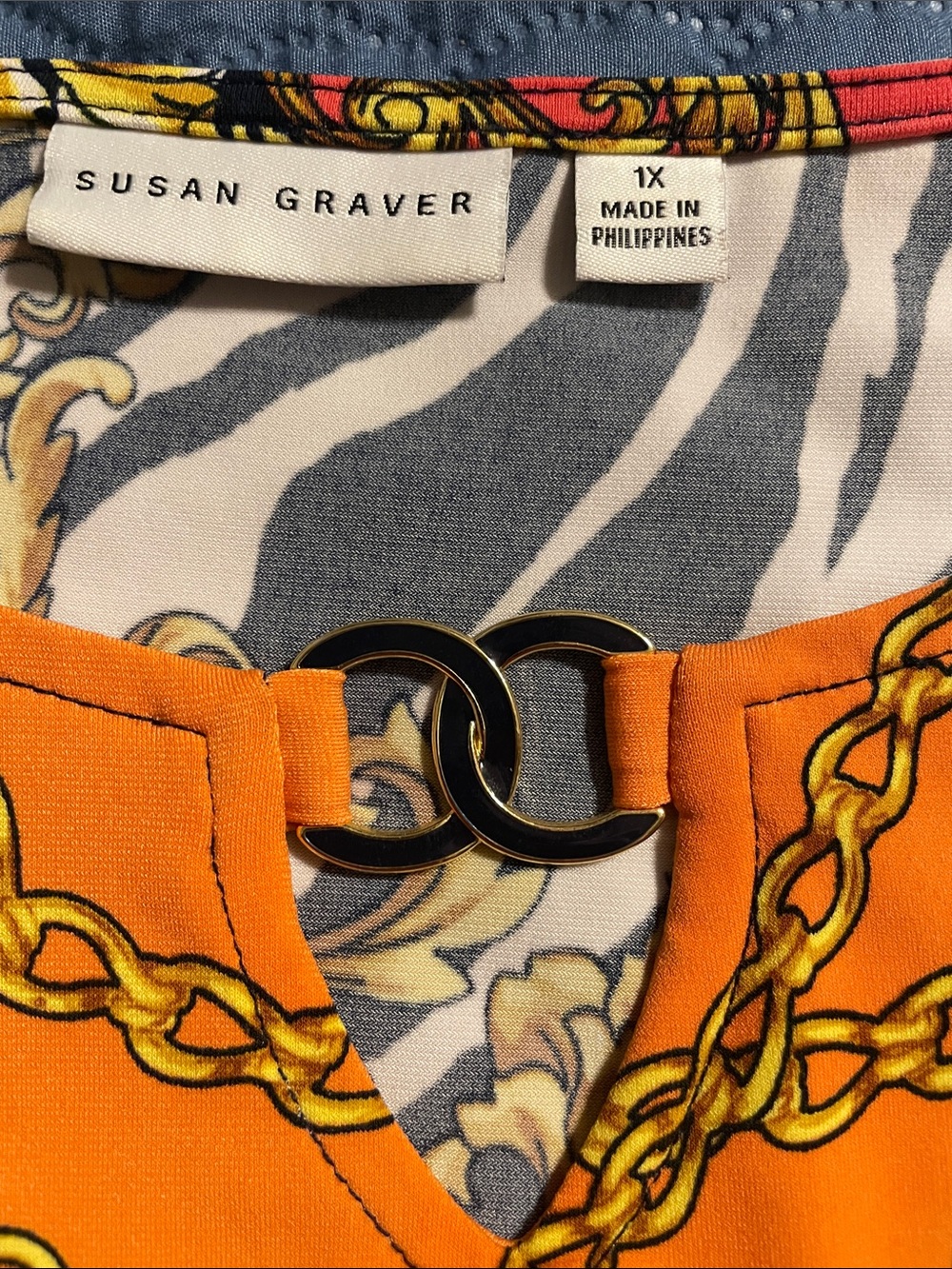 Susan Graver Orange & Black Chain-Print V-Neck Top - Picture 4 of 8